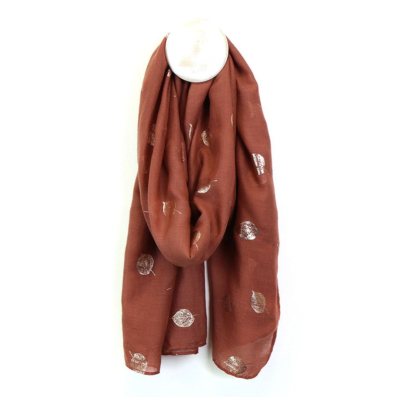 Rust Coloured Scarf With Rose Gold Foil Skeleton Leaves