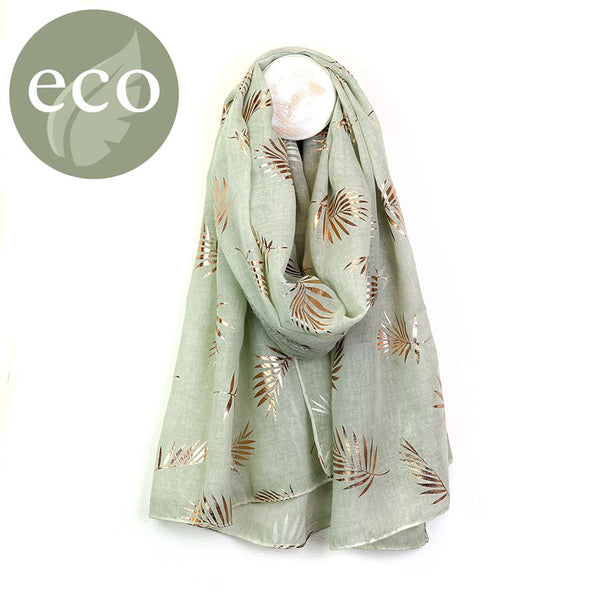 Washed Finish Mist Scarf With Foil Palm Leaf Print