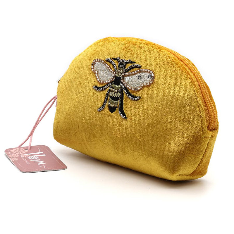 Mustard Velvet Embroidered Bee Purse