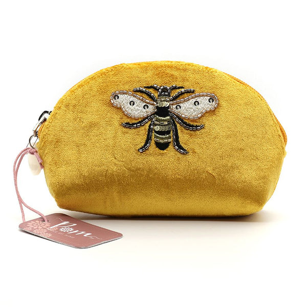 Mustard Velvet Embroidered Bee Purse