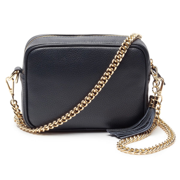 Navy Leather Handbag With Gold Chain Strap