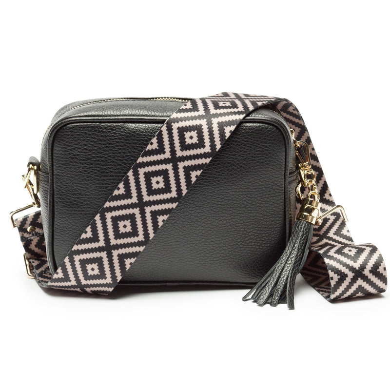 Black Leather Handbag With Blue Diamond Strap