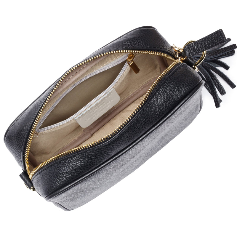 Black Leather Handbag With Blue Diamond Strap