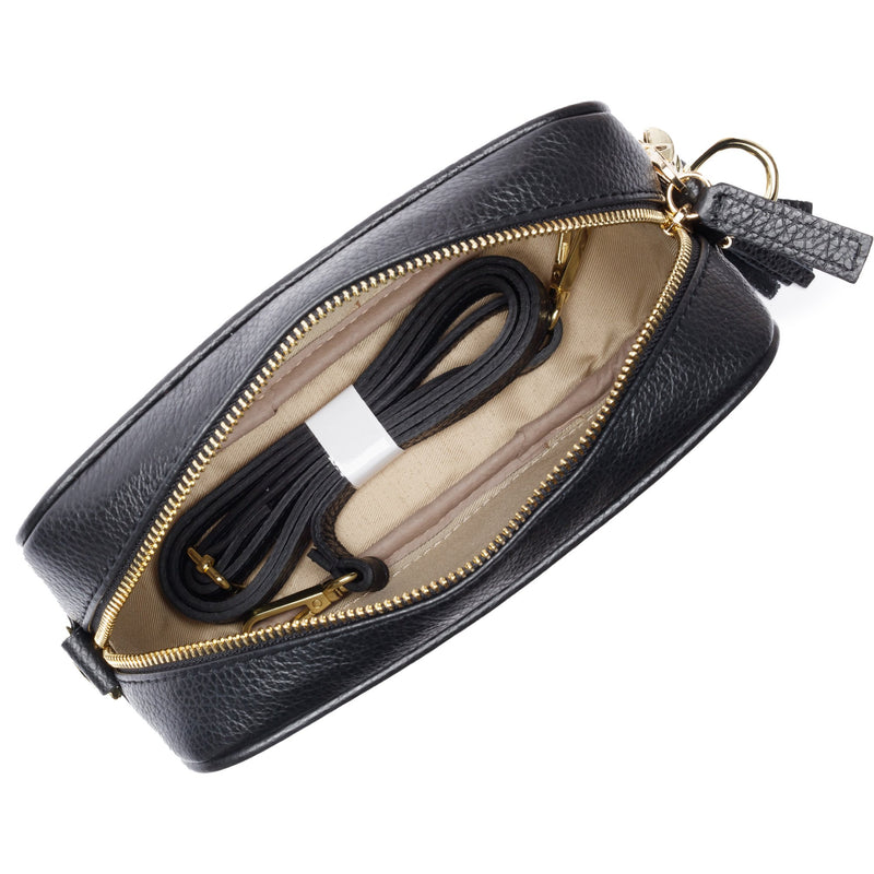 Black Leather Handbag With Blue Diamond Strap