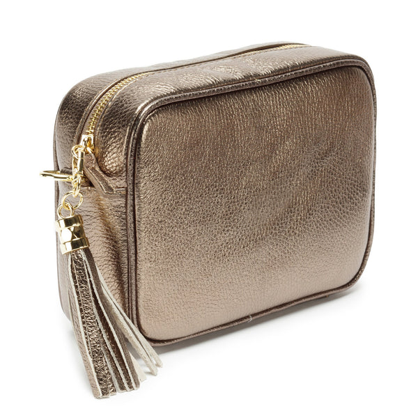 Bronze Leather Handbag With Blue Diamond Strap