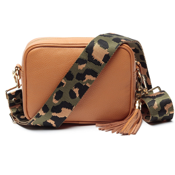 Tan Leather Handbag With Olive Leopard Strap