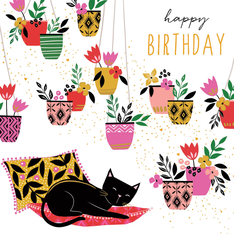 Black Cat With Plants Birthday Card