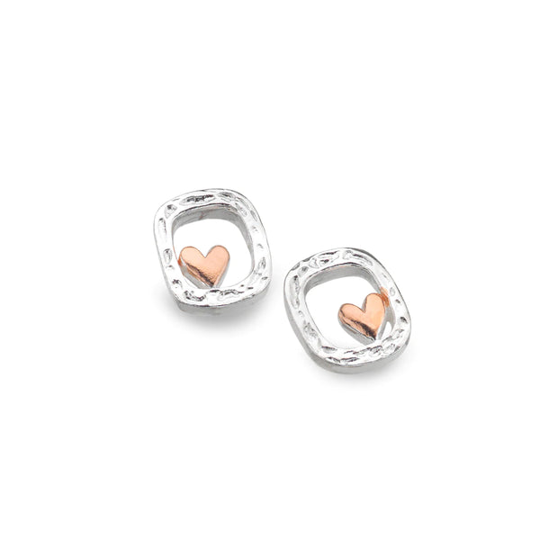 Heart In Frame Stud Earrings - Silver & Rose Gold
