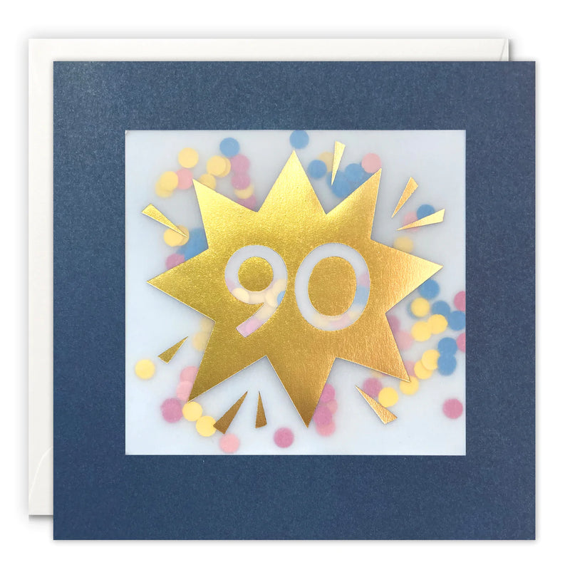 Age 90 Gold Birthday Card with Colourful Paper Confetti