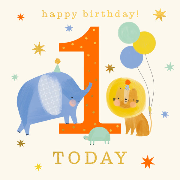 1st Birthday Elephant & Lion Card