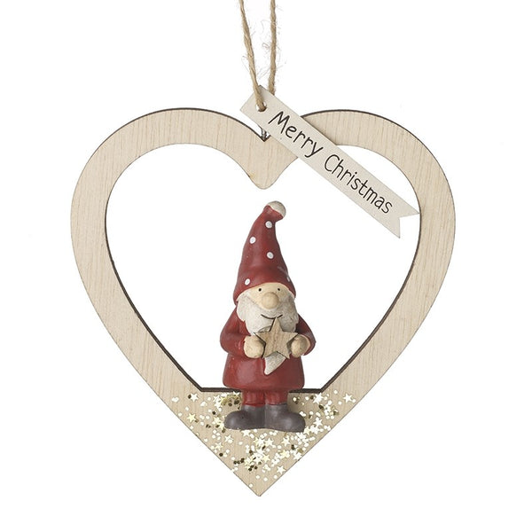 Wooden Cut Out Santa Heart Hanging Decoration
