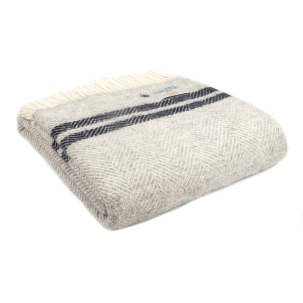 Fishbone 2 Silver Grey & Navy Stripe Wool Throw