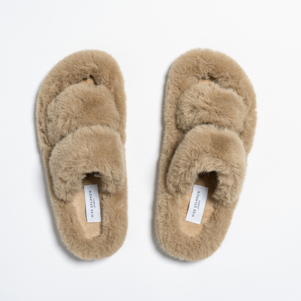 Faux Fur Double Strap Slippers Beige