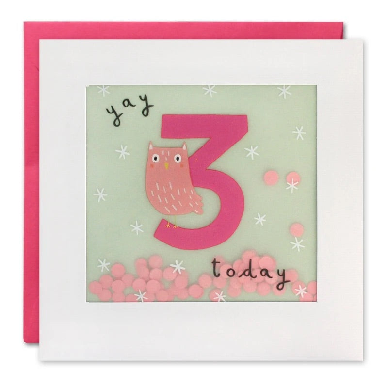 Age 3 Owl Birthday Card with Paper Confetti