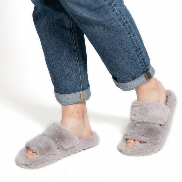 Faux Fur Double Strap Slippers Grey