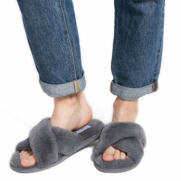 Faux Fur Cross Over Slippers Charcoal