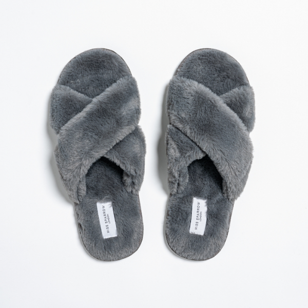 Faux Fur Cross Over Slippers Charcoal