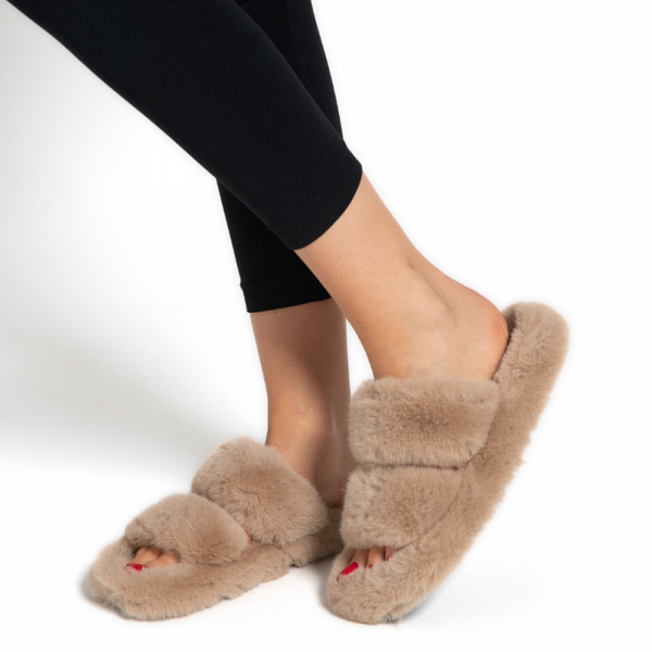 Faux Fur Double Strap Slippers Beige