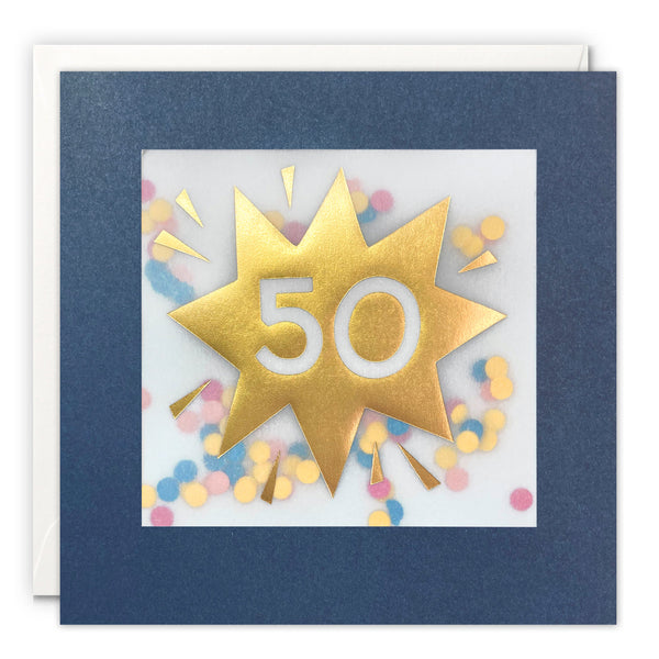Age 50 Gold Birthday Card with Colourful Paper Confetti