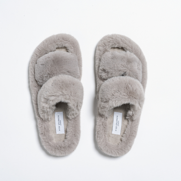 Faux Fur Double Strap Slippers Grey